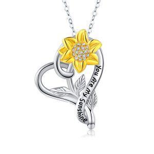 Sterling Silver Two-tone Sunflower Heart Pendant Necklace-0