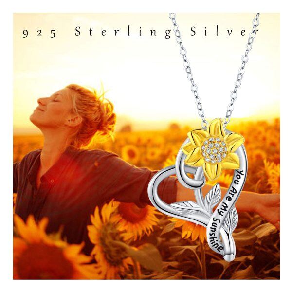 Sterling Silver Two-tone Sunflower Heart Pendant Necklace-12