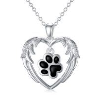wholesale 925 Sterling Silver Paw Print Heart Angel Wings Pet Cremation Jewelry Urn Pendant Necklace- Rhodium Plated