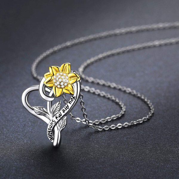 Sterling Silver Two-tone Sunflower Heart Pendant Necklace-15