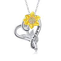 wholesale 925 Sterling Silver Yellow Gold Plated Sunflower You Are My Sunshine Heart Pendant Necklace Gifts for Women- Two Tone