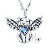 wholesale 925 Sterling Silver Angel Dog with Blue Heart Stone Pet Urn Pendant Necklace for Women- Oxidized/Oxidised