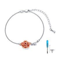 wholesale 925 Sterling Silver Rose Charm Cremation Jewelry Bracelet with Red Crystal and Leaf Pendant for Women- Rhodium And Rose Gold Plated
