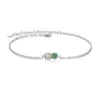 wholesale 925 Sterling Silver Pineapple Charm Anklet with Green Enamel and CZ Stones - Adjustable Chain Links- Rhodium Plated