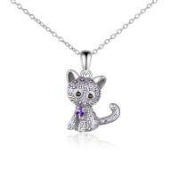 wholesale 925 Sterling Silver Purple Crystal Cat Pendant Necklace for Women- Rhodium Plated