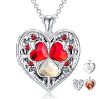 wholesale 925 Sterling Silver Red Crystal Heart Personalized Photo Locket Necklace- White Gold Rhodium Plated