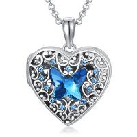 wholesale 925 Sterling Silver Blue Butterfly Crystal Heart Pendant Necklace for Women Girls  45cm Chain Length- White Gold Rhodium Plated