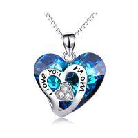 wholesale 925 Sterling Silver Blue Crystal I Love You Mom Heart Pendant Necklace Gift for Mother's Day- Rhodium Plated