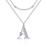 wholesale 925 Sterling Silver Heart-Shaped Purple Stone Letter A Pendant Double Chain Necklace for Women- Rhodium Plated