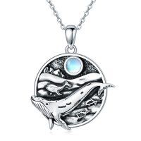 wholesale 925 Sterling Silver Whale & Moonstone Pendant Necklace for Women - Oceanic Charm Jewelry- Oxidized/Oxidised