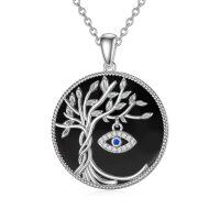 wholesale 925 Sterling Silver Black Onyx Evil Eye Tree of Life Pendant Necklace for Women- Rhodium Plated