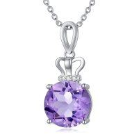 wholesale 925 Sterling Silver Crown Design Round Cut Amethyst & Cubic Zirconia Pendant for Women's Necklaces Gifts- Rhodium Plated