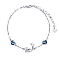 wholesale 925 Sterling Silver Dolphin & Heart Charm Ankle Anklet with Blue Crystals for Women- Rhodium Plated
