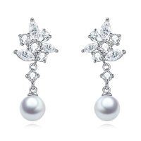 wholesale 925 Sterling Silver Flower Design with Pearls and Cubic Zirconia Drop Earrings for Women- Sliver Plated