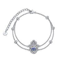 wholesale 925 Sterling Silver Evil Eye Hamsa Charm Bracelet with Blue Stones for Women- Rhodium Plated