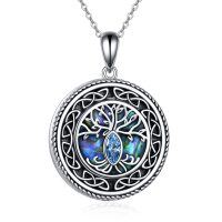 wholesale 925 Sterling Silver Tree of Life Abalone Shell Pendant Necklace with Blue Crystal and Celtic Knots for Women's Keepsake Jewelry- Oxidized/Oxidised