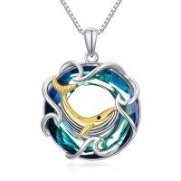 wholesale 925 Sterling Silver Blue Crystal Dolphin Heart-Shaped Pendant Necklace for Women- Rhodium And Gold Plated