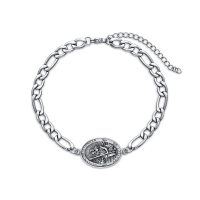 wholesale 925 Sterling Silver 6mm Saint Christopher Medal Figaro Chain Bracelet for Men & Women - Adjustable Religious Jewelry- Oxidized/Oxidised