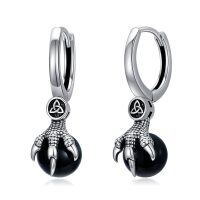 wholesale 925 Sterling Silver Black Onyx Dragon Claw Huggie Hoop Earrings with Triquetra Symbol - Mens Celtic s- Oxidized/Oxidised