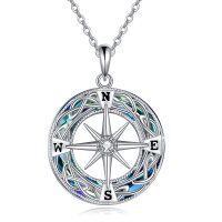 wholesale 925 Sterling Silver Compass Pendant Necklace with Blue Crystal Elements for Women's Graduation Gifts- Rhodium Plated
