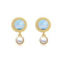 wholesale 925 Sterling Silver Round Blue Larimar & White Pearl Drop Stud Earrings for Women and Girls- Rose Gold Plated
