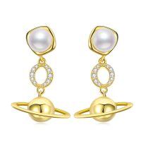 wholesale 925 Sterling Silver Gold-Plated Saturn Planet Dangle Earrings with Pearls and Cubic Zirconia for Women- Gold Plated
