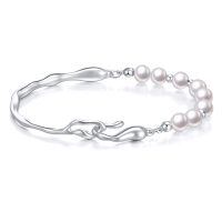 wholesale 925 Sterling Silver Freshwater Pearl Delicate Thin Cuff Bracelet for Women- Two Tone