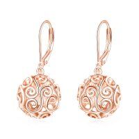 wholesale 925 Sterling Silver Plated Rose Gold  Hollow Scrollwork Round Ball Leverback Drop Earrings for Women- Rose Gold Plated