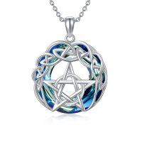wholesale 925 Sterling Silver Round Blue Crystal Pentagram Celtic Knot Pendant Necklace for Women- Sliver Plated