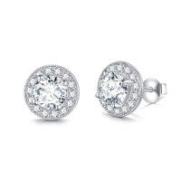 wholesale White Gold Plated 925 Sterling Silver Halo Round Cut Moissanite Stud Earrings (6x5 mm)- Sliver Plated
