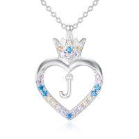 wholesale 925 Sterling Silver Heart Crown Initial J Pendant Necklace for Girls & Kids- Sliver Plated