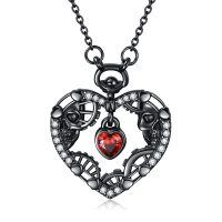 wholesale 925 Sterling Silver Gothic Red Crystal Heart Skull Lock Key Pendant Necklace for Women Girls- Black Rhodium Plated