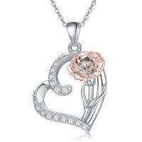 wholesale 925 Sterling Silver Rose Flower Heart Pendant Necklace for Women Wife Mom Gift- Rhodium And Rose Gold Plated