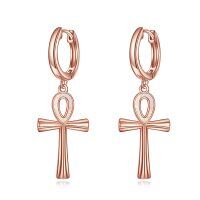 wholesale Rose Gold Plated 925 Sterling Silver Egyptian Ankh Cross Dangle Hoop Earrings for Women- Rose Gold Plated