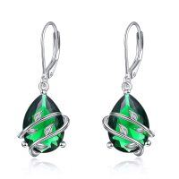 wholesale 925 Sterling Silver Green Crystal Teardrop Leaf Drop Dangle Earrings for Women- Rhodium Plated
