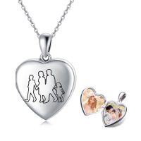 wholesale 925 Sterling Silver Heart Family Silhouette Photo Locket Pendant Necklace for Women- Rhodium Plated