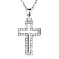 wholesale 925 Sterling Silver Cubic Zirconia Cross Pendant Necklace 20 Adjustable Chain- Rhodium Plated
