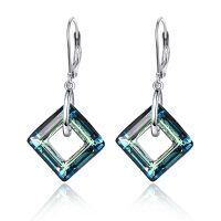 wholesale 925 Sterling Silver Square Blue Green Austrian Crystal Leverback Dangle Earrings for Women- Sliver Plated