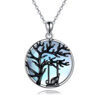 wholesale 925 Sterling Silver Tree of Life with Black Cat and Moonstone Pendant Necklace for Women- Rhodium Plated