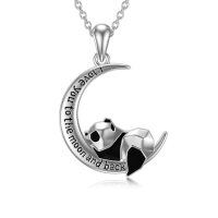 wholesale 925 Sterling Silver Moon & Panda Pendant Necklace with Black Crystals - Valentine's Day s for Her- Rhodium Plated