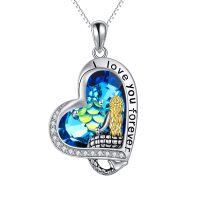 wholesale 925 Sterling Silver Heart-Shaped Mermaid Scale Pendant with Blue Crystal and Gold Hair - I Love You Forever Message Necklace for Women Girls Gifts- Rhodium And Gold Plated