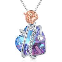 wholesale 925 Sterling Silver Blue & Purple Crystal Heart Pendant with Rose Flower Charm Necklace Gift for Women- Rhodium And Rose Gold Plated