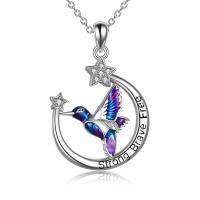 wholesale 925 Sterling Silver Hummingbird & Crescent Moon Pendant Necklace with Stars and Engraved Words Strong Brave Free - Fashion Jewelry for Women- Sliver Plated