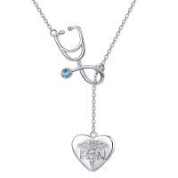 wholesale 925 Sterling Silver Heart-Shaped RN Caduceus Pendant Necklace with Blue Crystal and Chain for Women- Sliver Plated