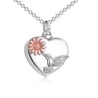 wholesale 925 Sterling Silver Heart-Shaped Hummingbird Cremation Jewelry Pendant with Daisy Charm for Women's Keepsake Urns (Ash Holder)- Rhodium And Rose Gold Plated