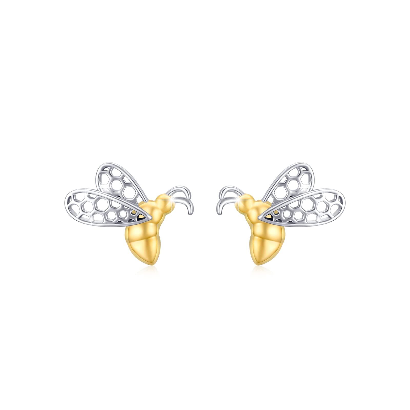 Sterling Silver Bee Earrings - Rhodium And Gold Plated- Rhodium And Gold Plated