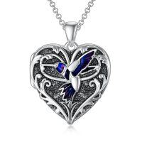 wholesale 925 Sterling Silver & Purple Enamel Hummingbird Heart Photo Locket Pendant Necklace- Oxidized/Oxidised