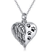 wholesale 925 Sterling Silver Heart with Paw Prints and Angel Wing Cremation Urn Pendant Necklace for Pets' Ashes Memorial Keepsake Jewelry- Oxidized/Oxidised
