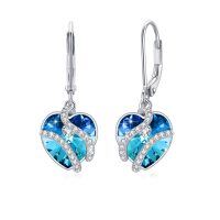 wholesale 925 Sterling Silver Blue Heart Crystal Drop Earrings for Women- Rhodium Plated