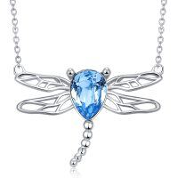 wholesale 925 Sterling Silver Blue Crystal Dragonfly Pendant Necklace for Women- Sliver Plated